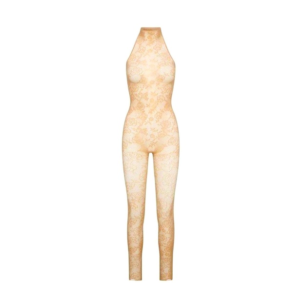 SKIMS Pants - NWT Skims Knit Lace Catsuit Halter Onesie in Clay